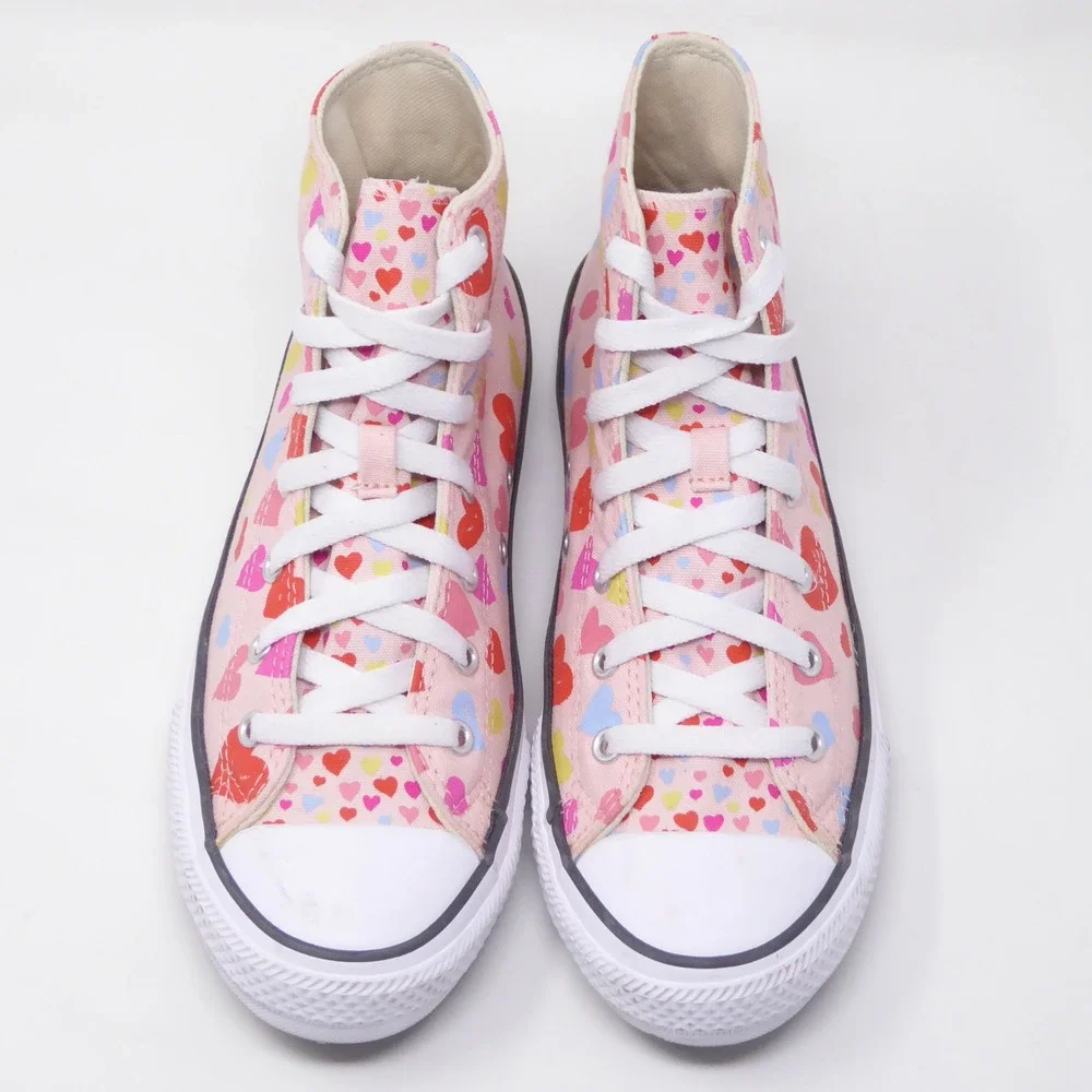 Converse Kid Junior High Top Sneakers Pink Red Heart Print Canvas Size 5.5